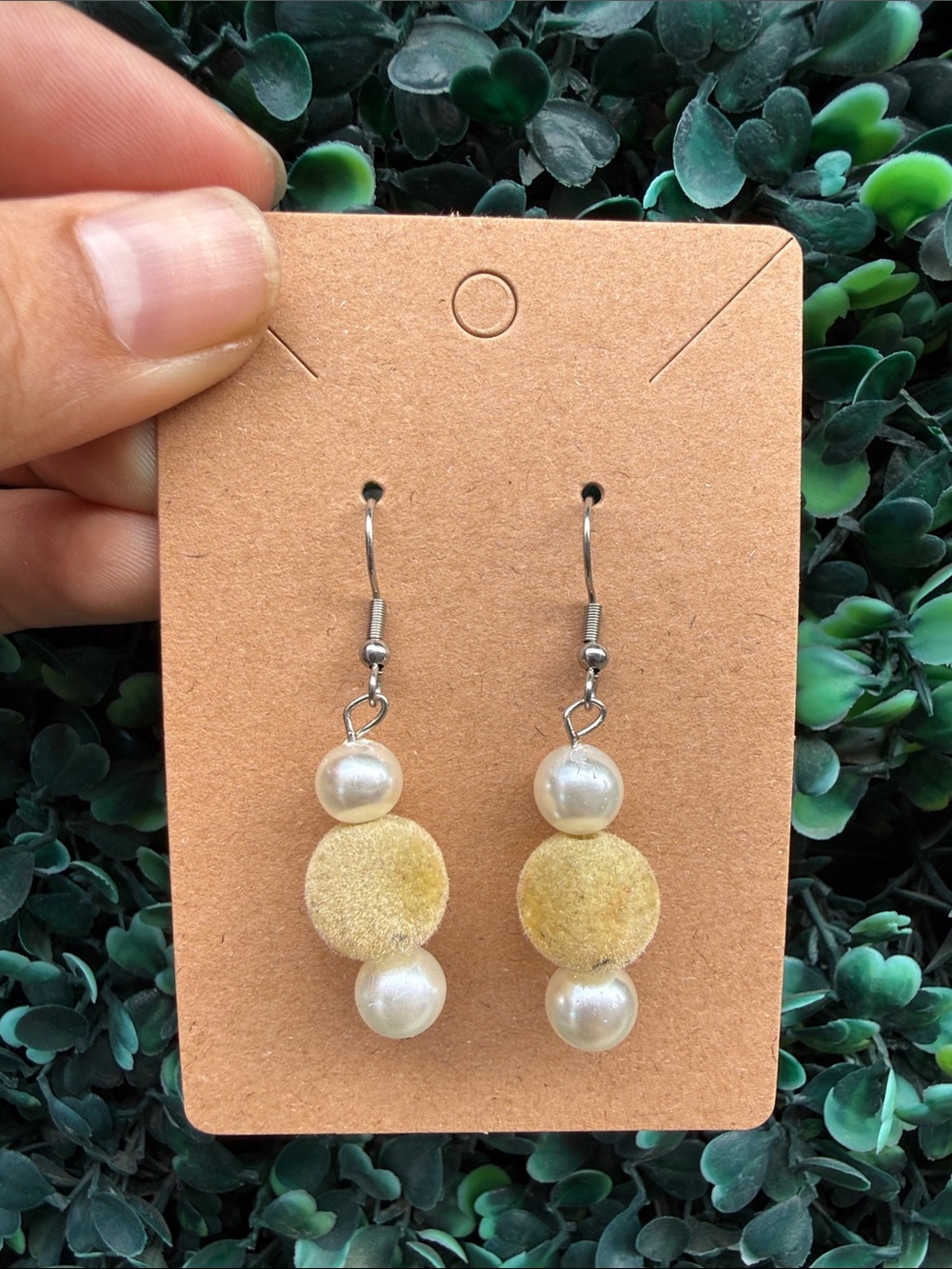 Hand Crafted Yellow Velvet and Pearl Drop Earrings